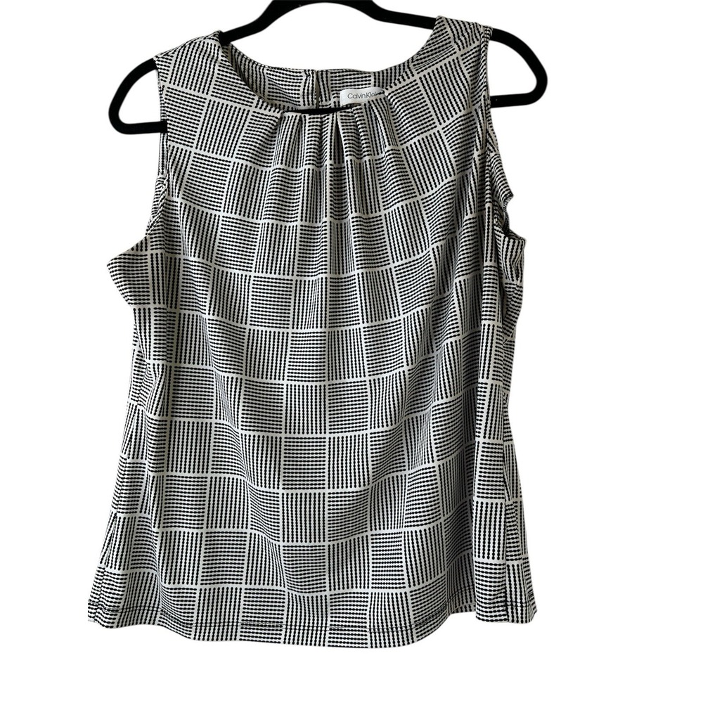 Calvin Klein Women's Black Cream Printed Pleat Neck Blouse Size PXL‎ Business